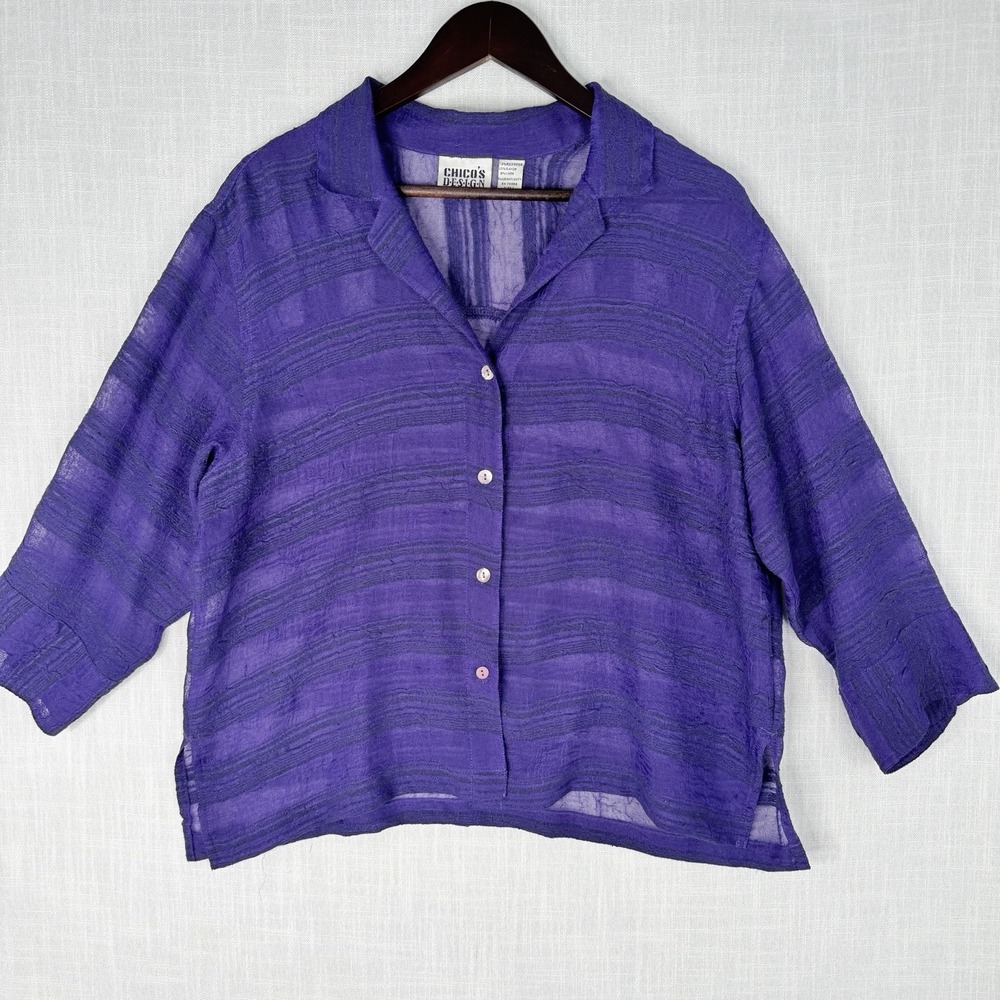 Chicos cropped sheer button up blouse top 3/4 sleeves buttons Size 1 Medium